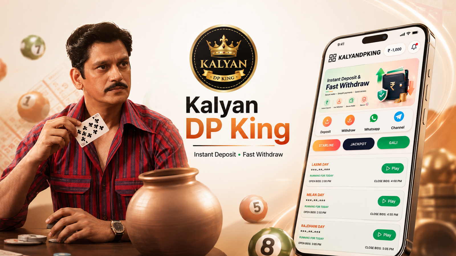 Kalyan DP King promotional banner featuring the app branding, spokesperson and Android phone preview