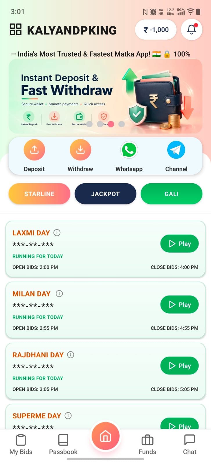 Kalyan DP King home screen with market list and quick actions